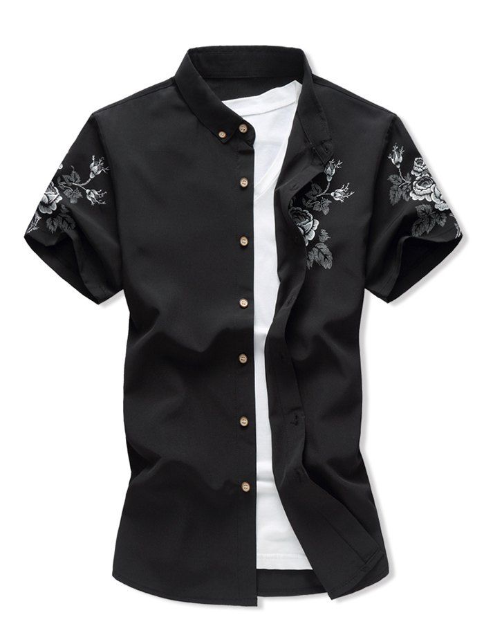 

Short Sleeve Flower Print Button Down Shirt, Black