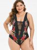 Fishnet Panel Rose Embroidered Plus Size One-piece Swimsuit -  
