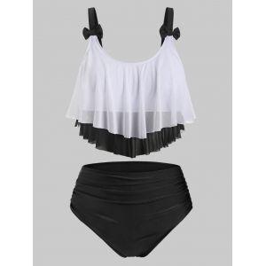 

Bowknot Mesh Panel Flounces Plus Size Tankini Swimwear, Black