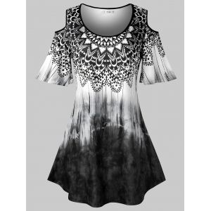 

Plus Size Tie Dye Tribal Print Cold Shoulder T Shirt, Black