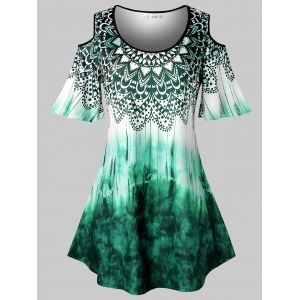 

Plus Size Tie Dye Tribal Print Cold Shoulder T Shirt, Medium turquoise