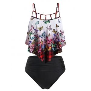 

Plus Size Butterfly Print Overlay Cutout Tankini Set, Black