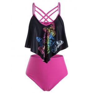 

Plus Size Butterfly Print Crisscross Tankini Swimwear, Black