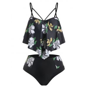 

Plus Size Cutout Floral Ruffle Tankini Swimwear, Black