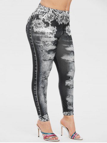 

Plus Size 3D Ripped Jean Print Skinny Jeggings, Black