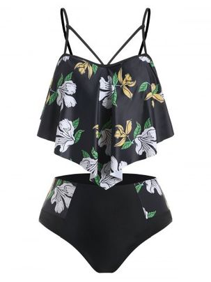 Plus Size Cutout Floral Ruffle Tankini Swimwear