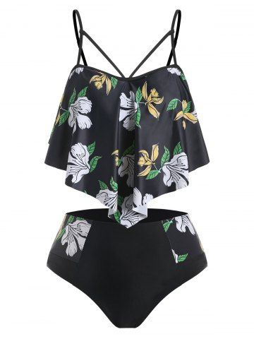 Plus Size Cutout Floral Ruffle Tankini Swimwear - BLACK - 5X