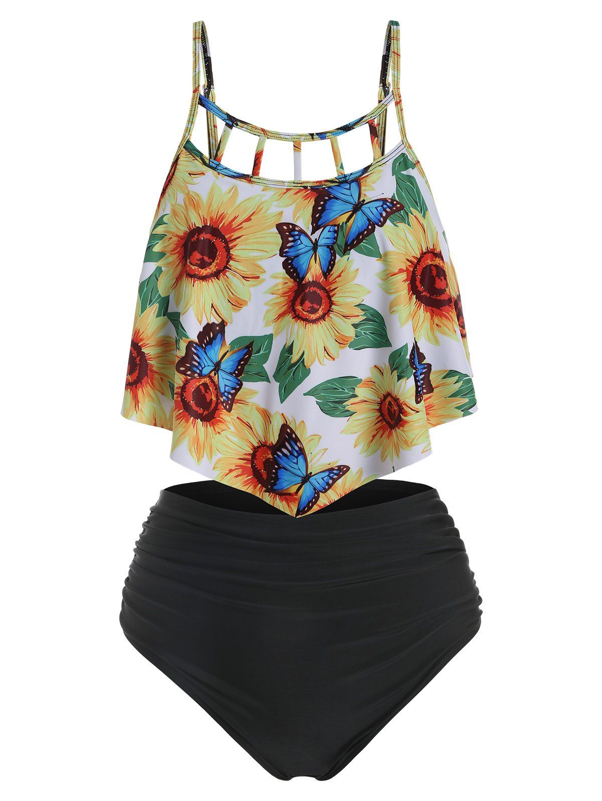 

Sunflower and Butterflies Print Cut Out Tankini Set, Multi