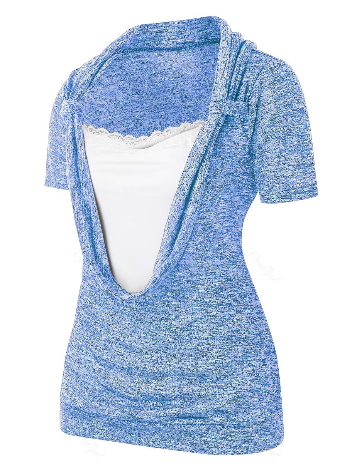 

Plus Size Cowl Front Marled Lace Embellished T Shirt, Sky blue