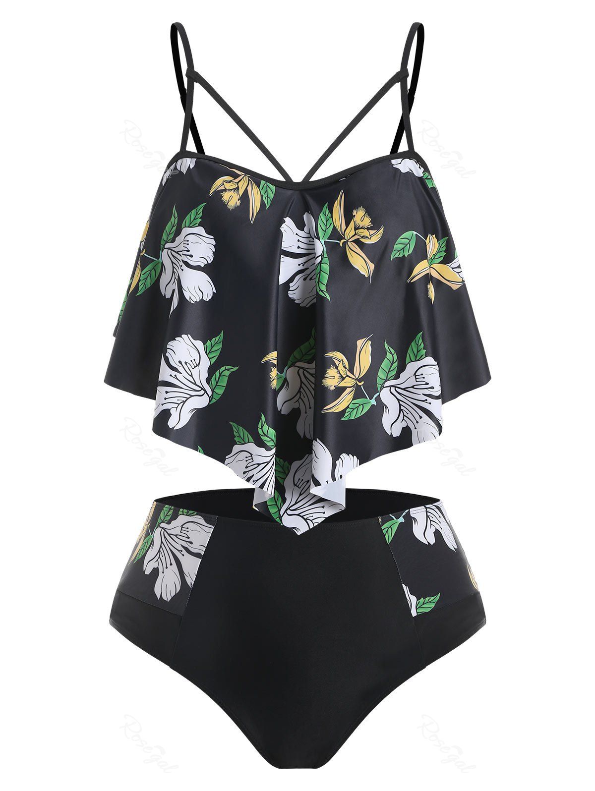 Fancy Plus Size Cutout Floral Ruffle Tankini Swimwear  
