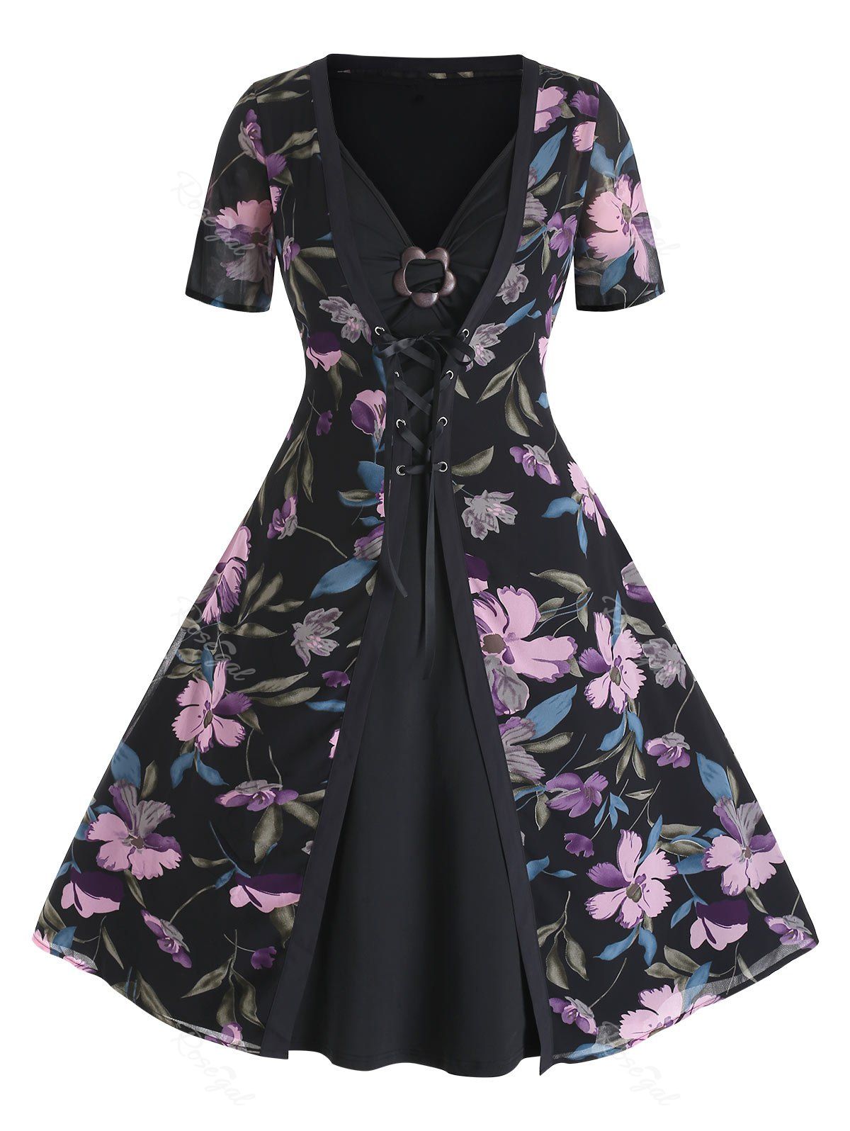 

Plus Size Flare Dress and Lace Up Floral Cardigan Set, Black