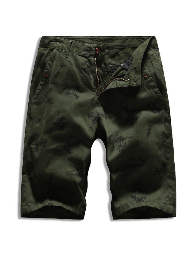 

Buttoned Palm Tree Print Casual Shorts, Army green