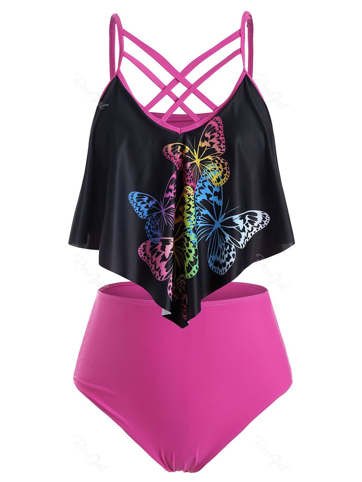Chic Plus Size Butterfly Print Crisscross Tankini Swimwear  