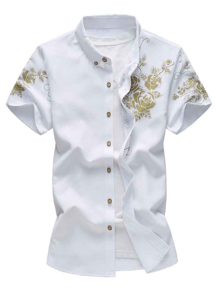 

Flower Print Short Sleeve Button Down Shirt, White