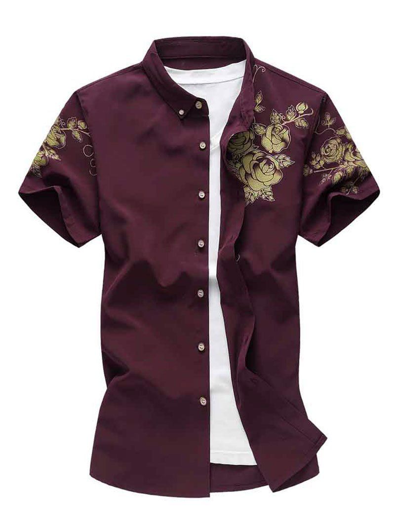 

Flower Print Short Sleeve Button Down Shirt, Red wine