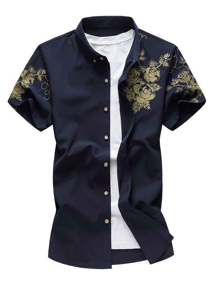 

Flower Print Short Sleeve Button Down Shirt, Cadetblue