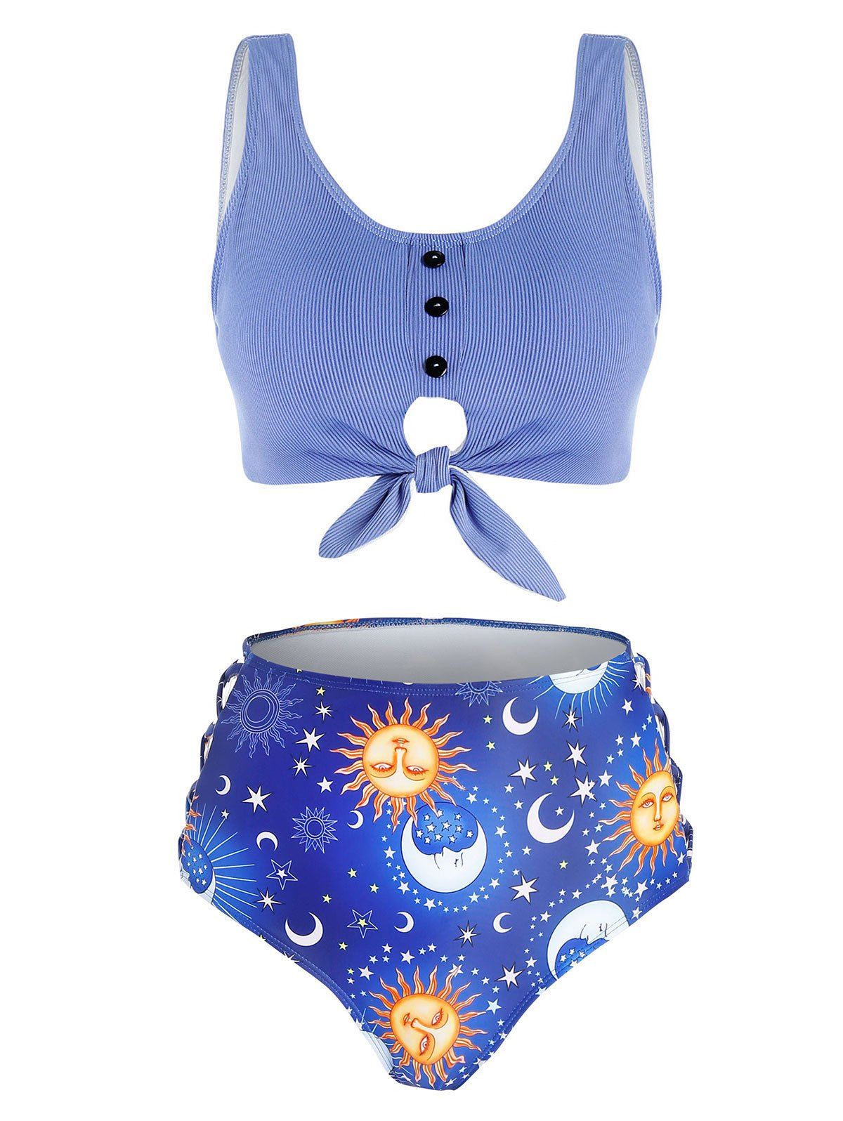 

Front Tie Sun and Moon Print Tankini Swimwear, Sky blue