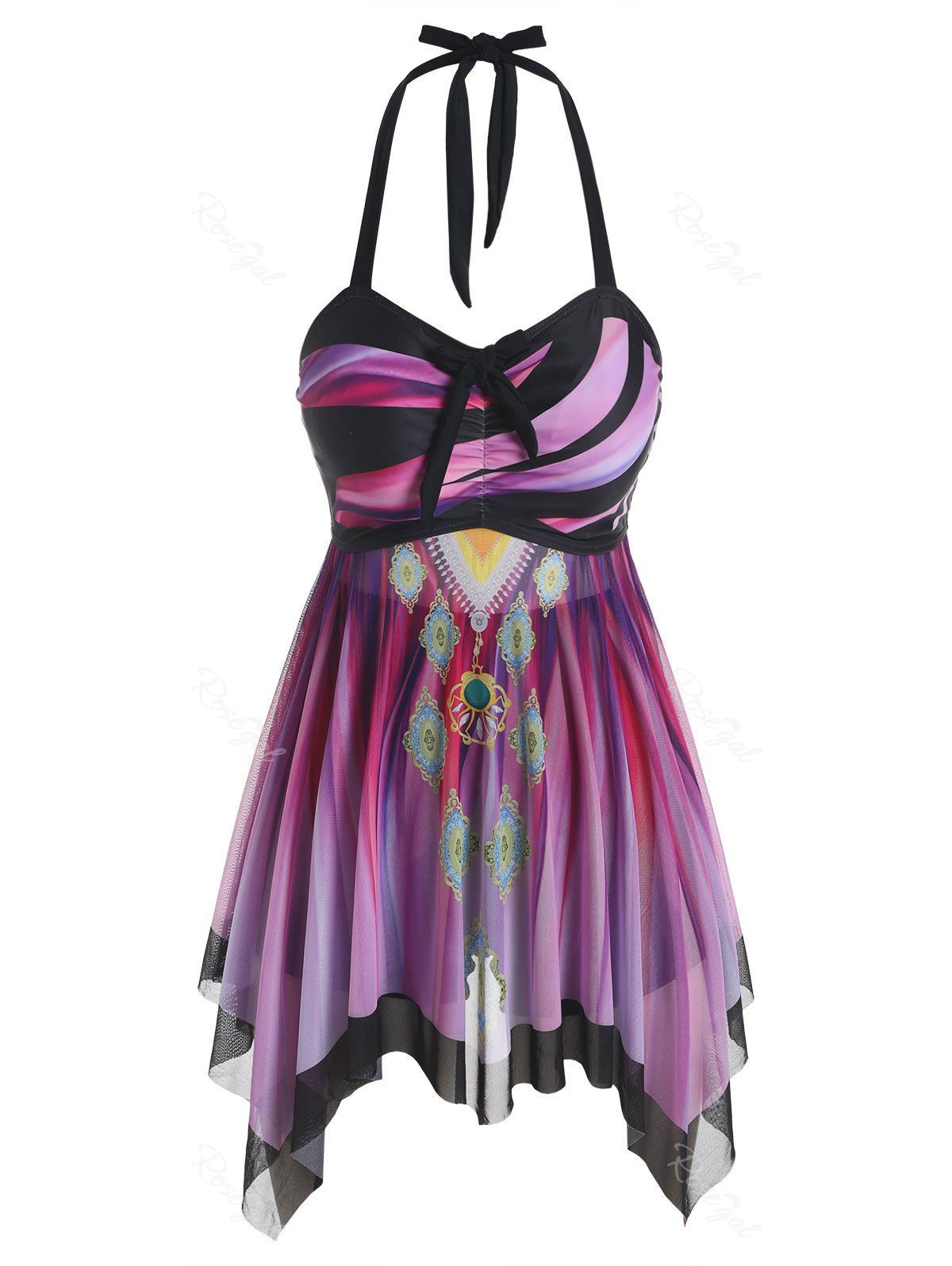 

Plus Size Tie Dye Tribal Print Halter Tankini Swimwear, Plum