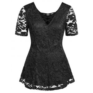 

Plus Size Plunging Neck Lace See Thru T Shirt, Black