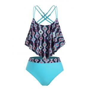 

Plus Size Ruffled Overlay Geometry Tankini Swimwear, Dodger blue