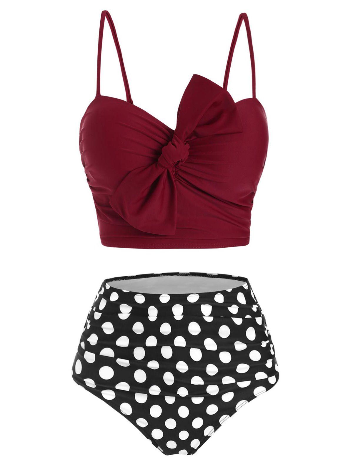 

Polka Dot Tied Moulded High Waisted Bikini Swimwear, Red wine