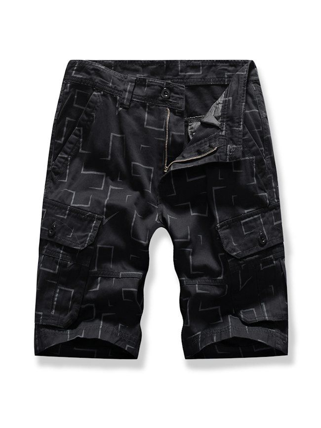 

Printed Multi-pocket Cargo Shorts, Black
