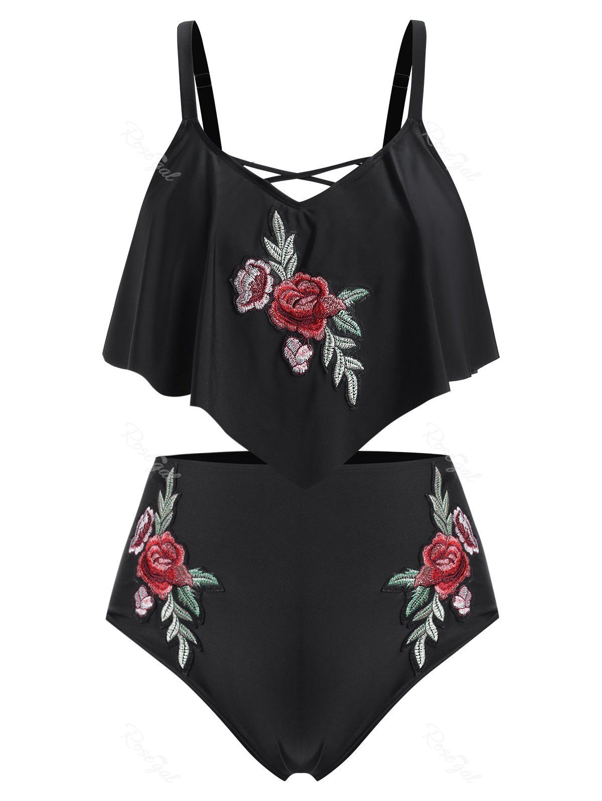 

Criss Cross Floral Embroidered High Waisted Plus Size Tankini Swimsuit, Black