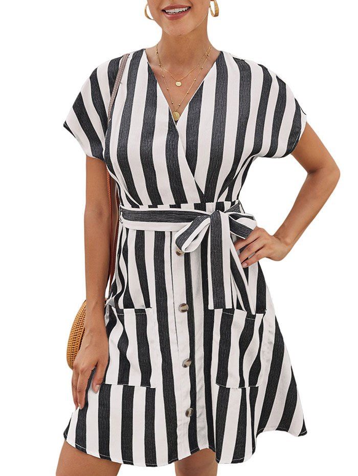 

Striped Mini Surplice Dress, Black