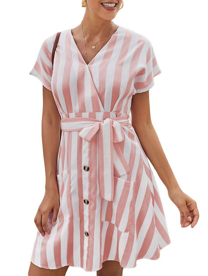 

Striped Mini Surplice Dress, Pink