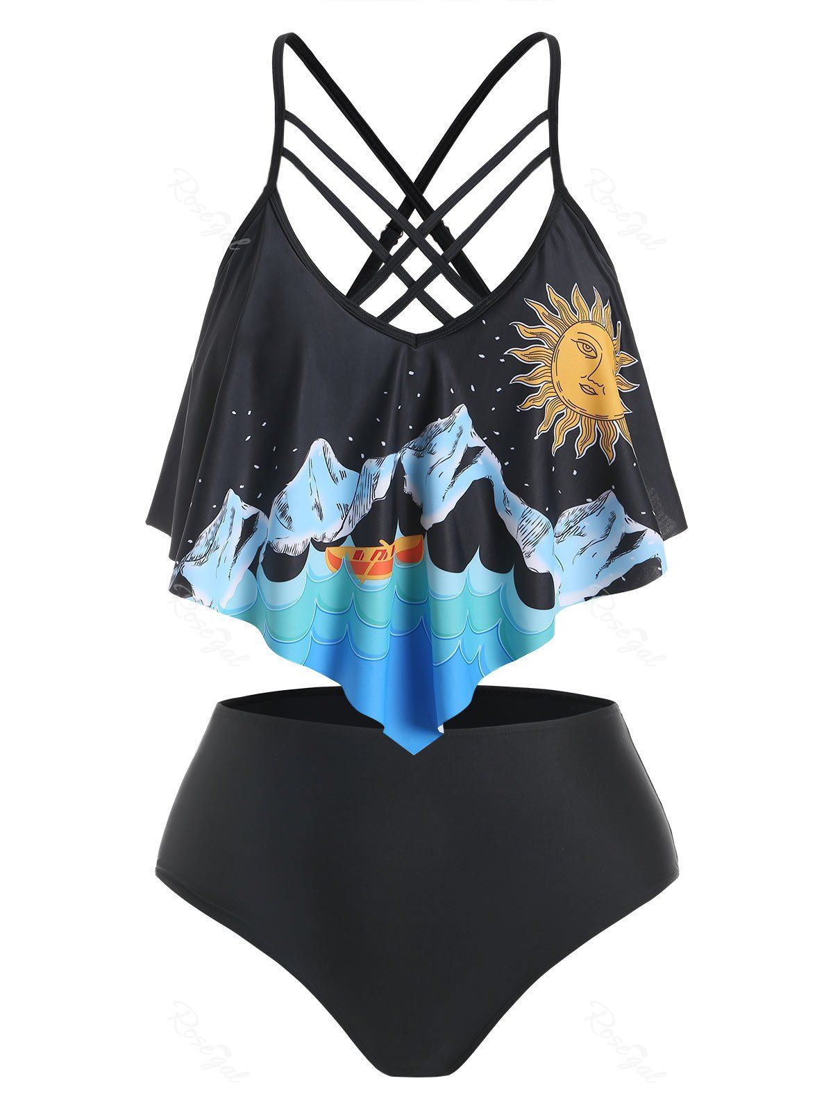 Maillot de Bain Tankini Croisé à Imprimé Paille et Soleil à Volants Noir 5X