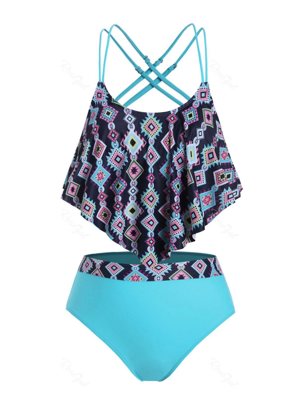 New Plus Size Ruffled Overlay Geometry Tankini Swimwear  