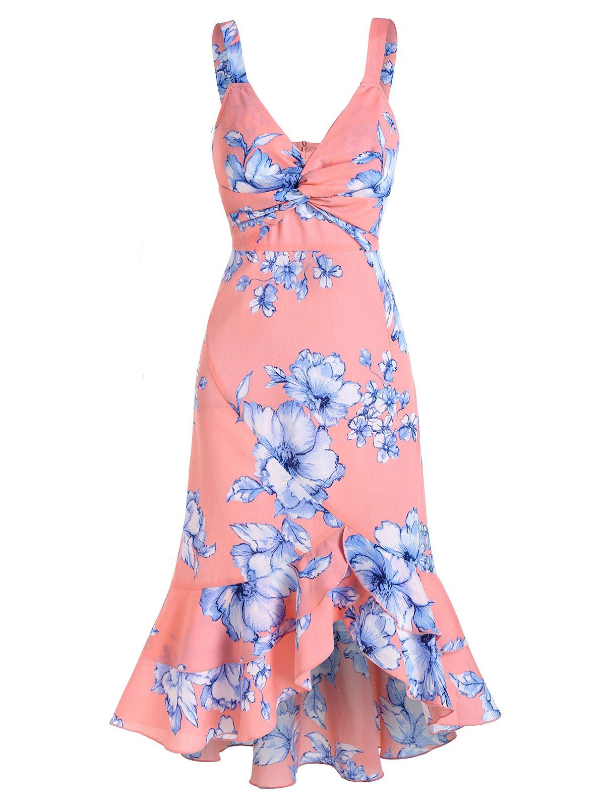

Floral Print Front Twist Fishtail Dress, Pink