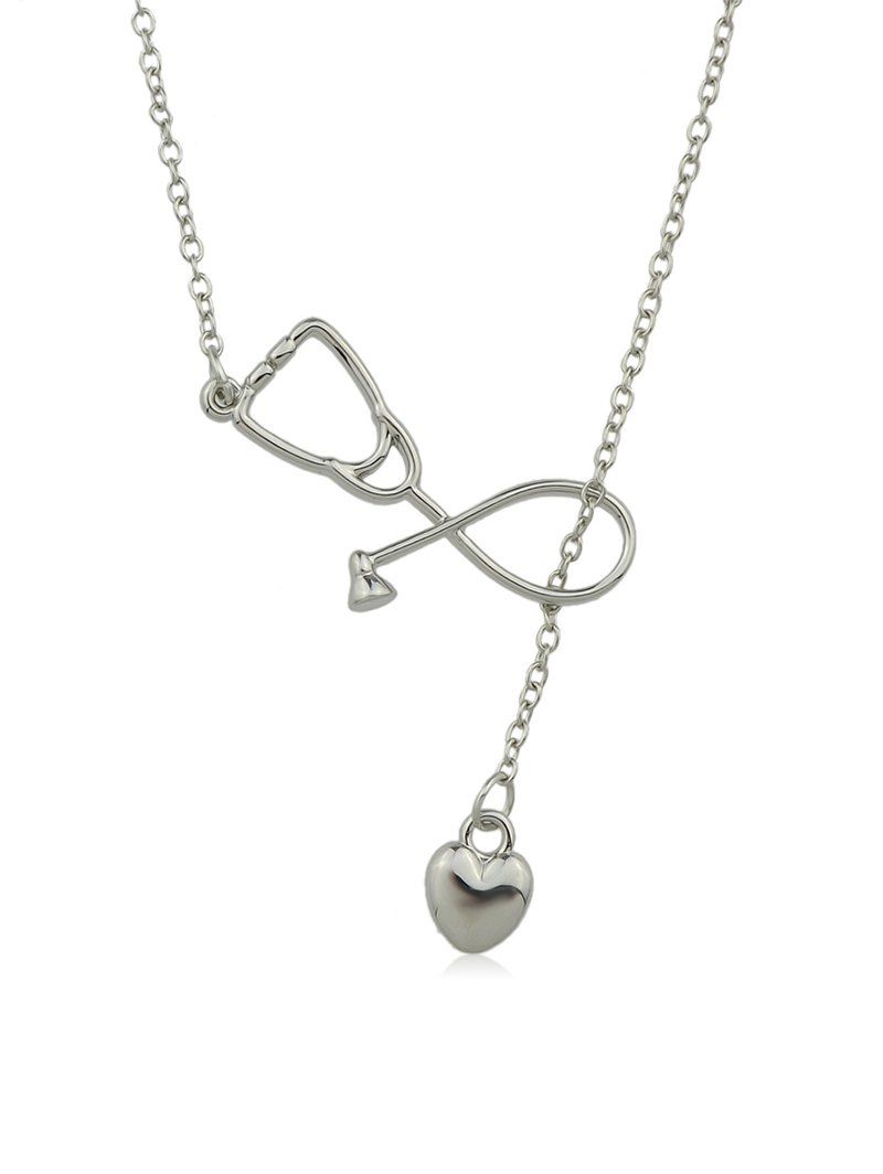 

Hollow Stethoscope Shape Heart Lariat Necklace, Silver