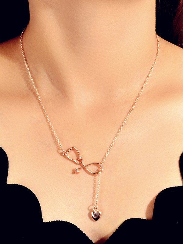 

Hollow Stethoscope Shape Heart Lariat Necklace, Rose gold