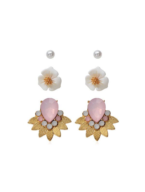 

3 Pairs Flower Faux Pearl Stud Earrings Set, Gold