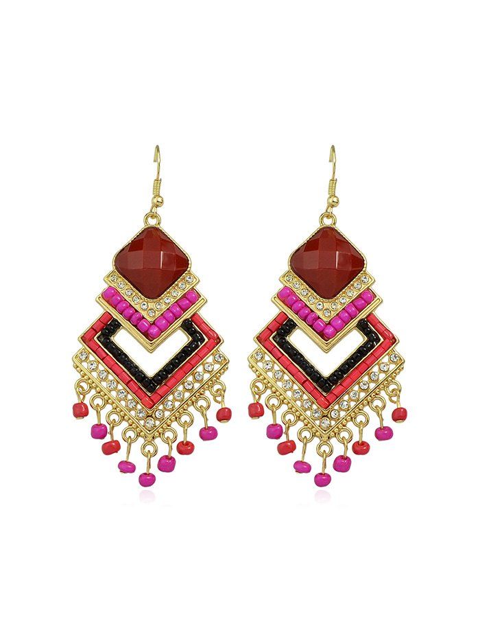 

Geometric Ethnic Beads Fringe Earrings, Rose red