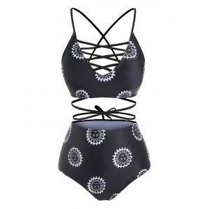 

Sun Star And Moon Criss Cross Lace Up Plus Size Bikini Swimwear, Black