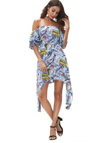 Flutter Sleeve Leaves Print Asymmetric Dress