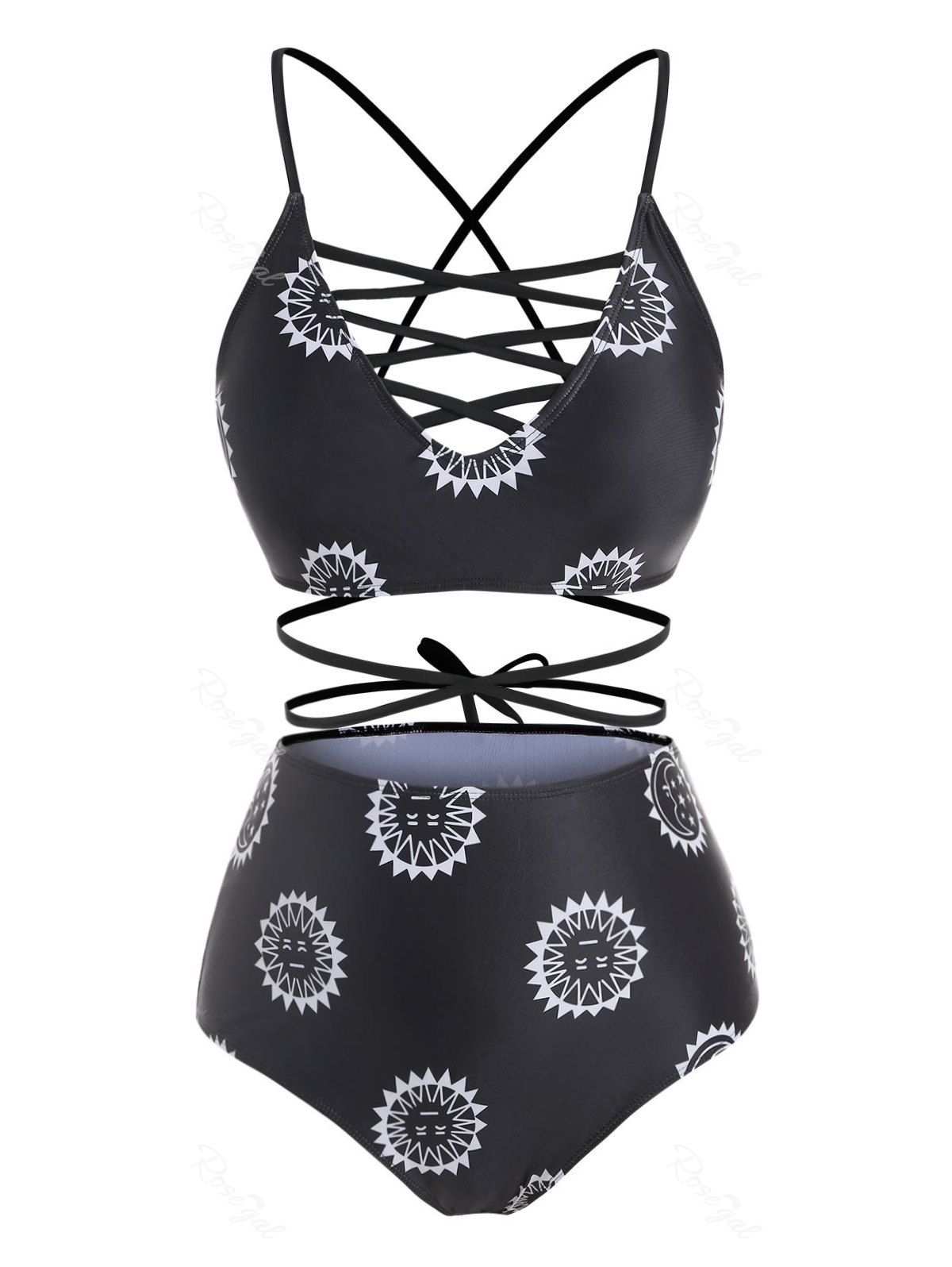 

Sun Star And Moon Criss Cross Lace Up Plus Size Bikini Swimwear, Black