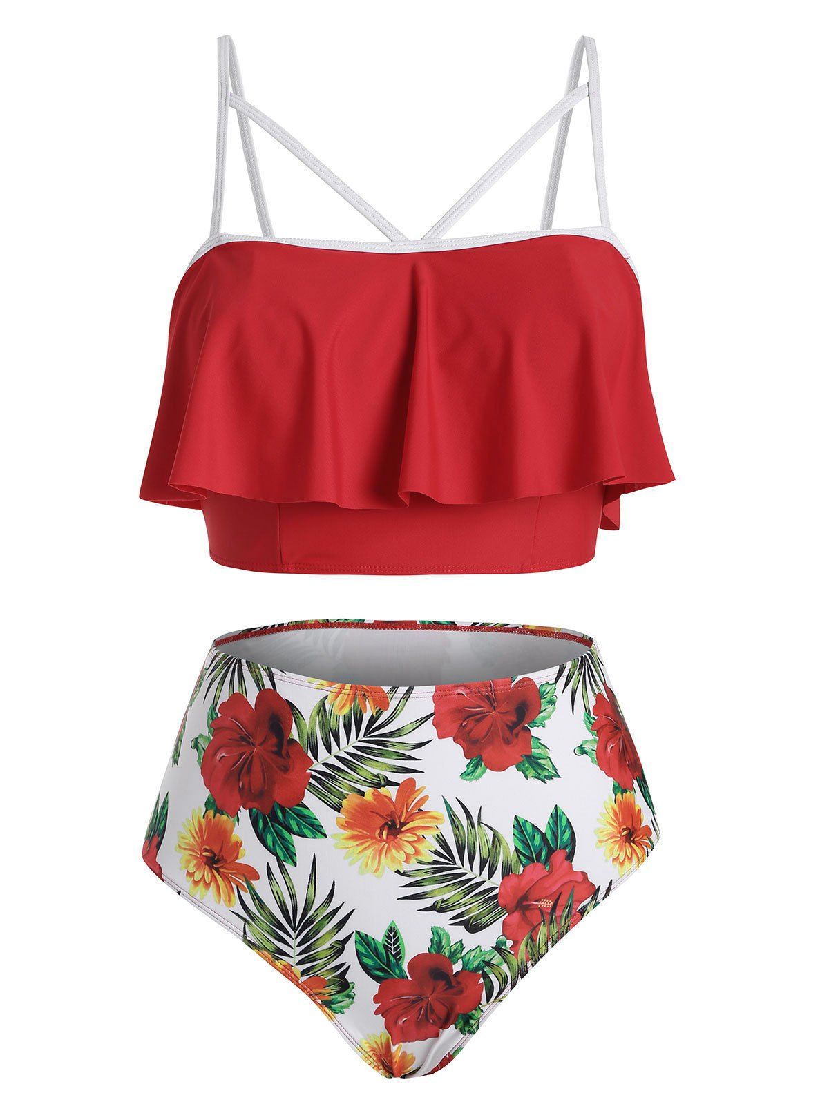 

Flounces Floral Strappy Tankini Swimwear, Red