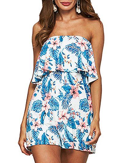 

Strapless Ruffled Floral Print Romper, Denim blue