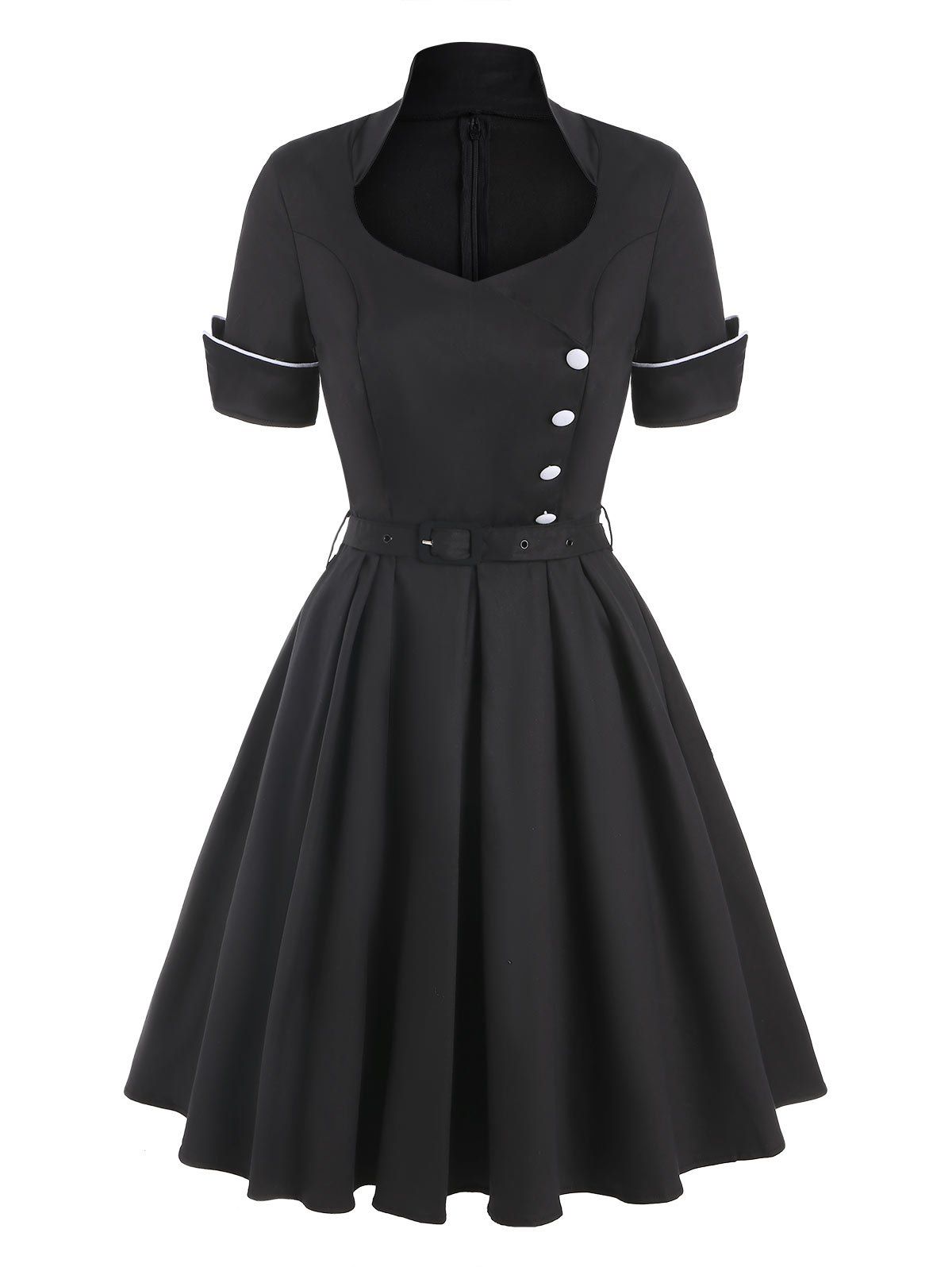 

Vintage Contrast Buttons Fit and Flare Dress, Black