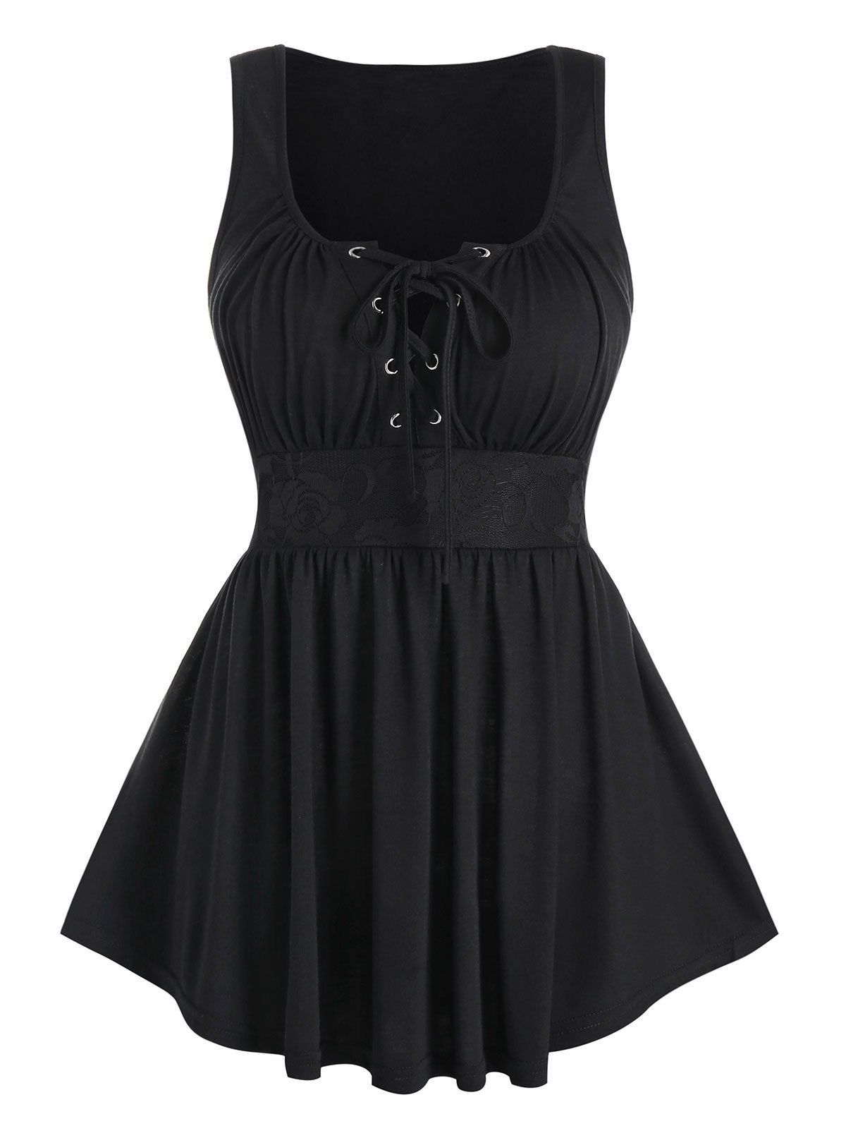 

Lace-up Lace Insert Flare Tank Top, Black