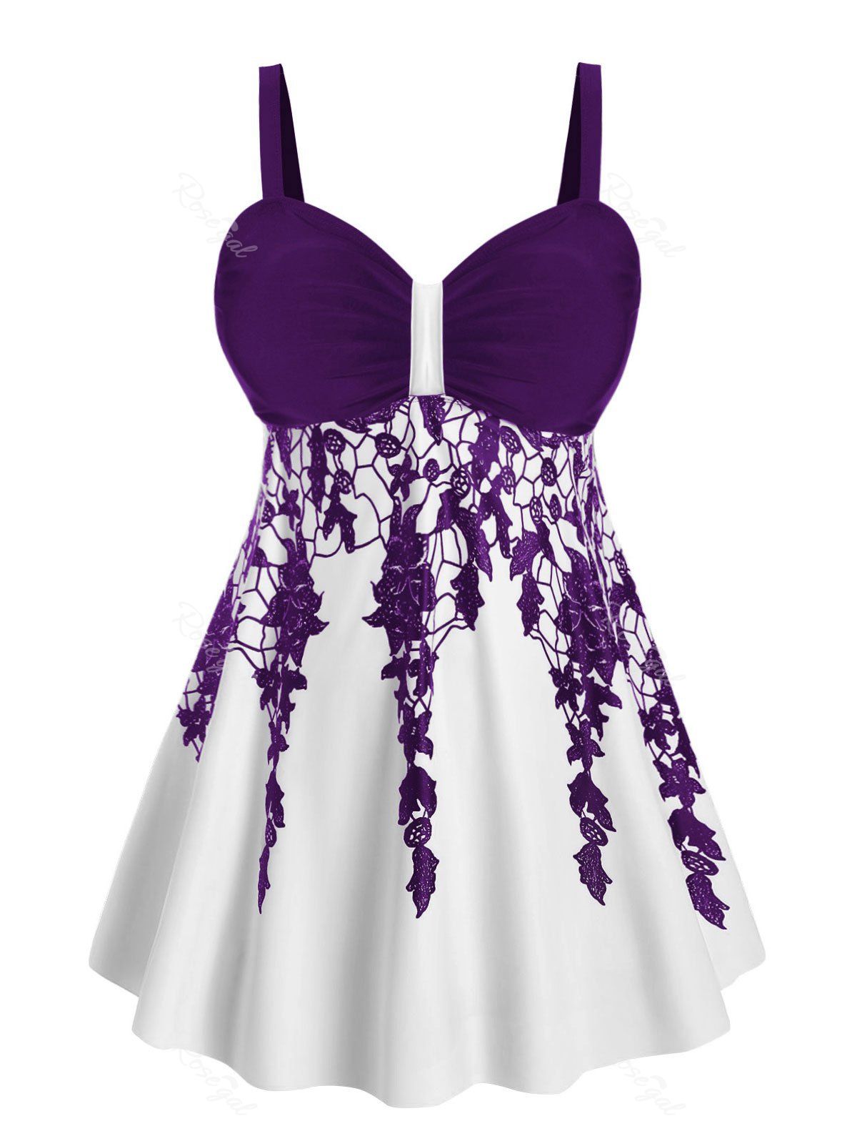

Ruched Floral Skirted Plus Size Tankini Swimsuit, Dark orchid