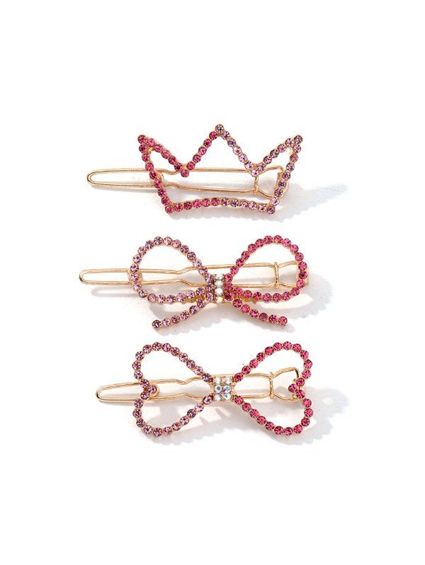 

3Pcs Hollow Rhinestone Bowknot Hairgrip Set, Pink