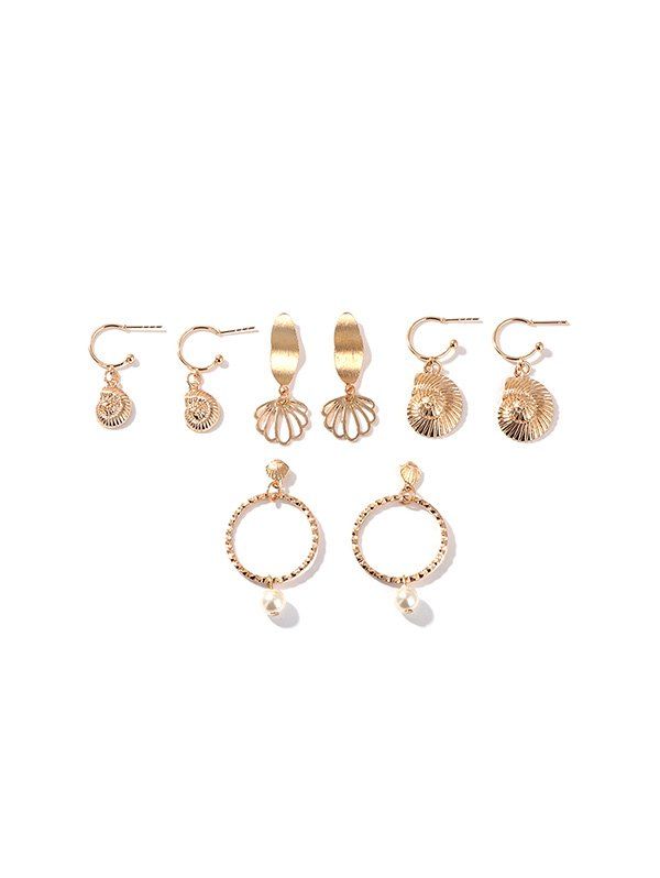 

4 Pairs Faux Pearl Hollow Shell Earrings Set, Gold