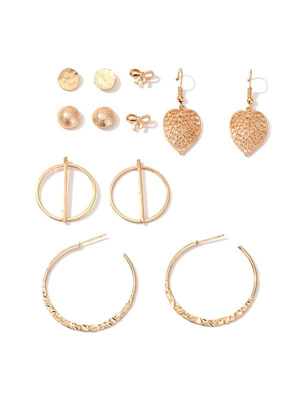 

6Pairs Leaf Bowknot Geometry C-shaped Earrings Set, Gold