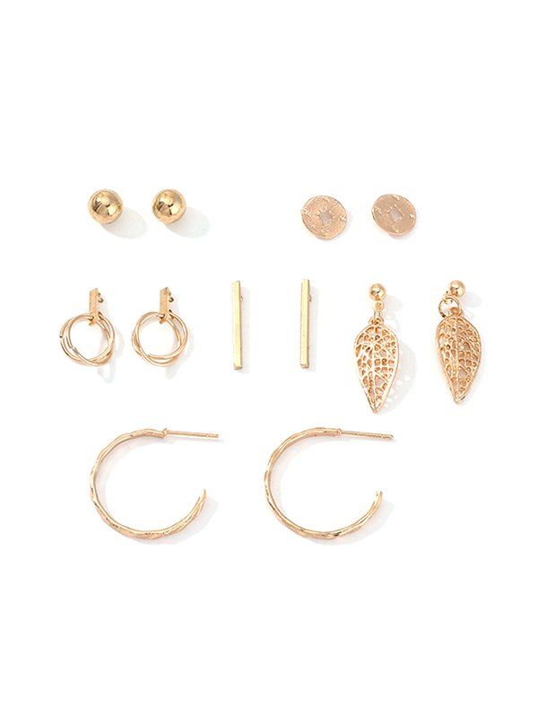 

6 Pairs Geometric Leaf C-shaped Earrings Set, Gold
