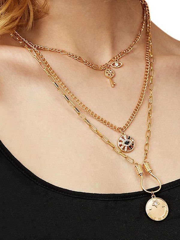 

Key Hollow Eye Shape Rhinestone Layers Necklace, Gold