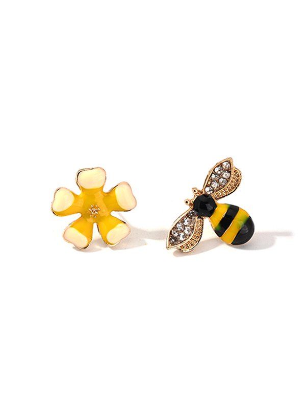 

Floral Bee Asymmetrical Rhinestone Earrings, Yellow